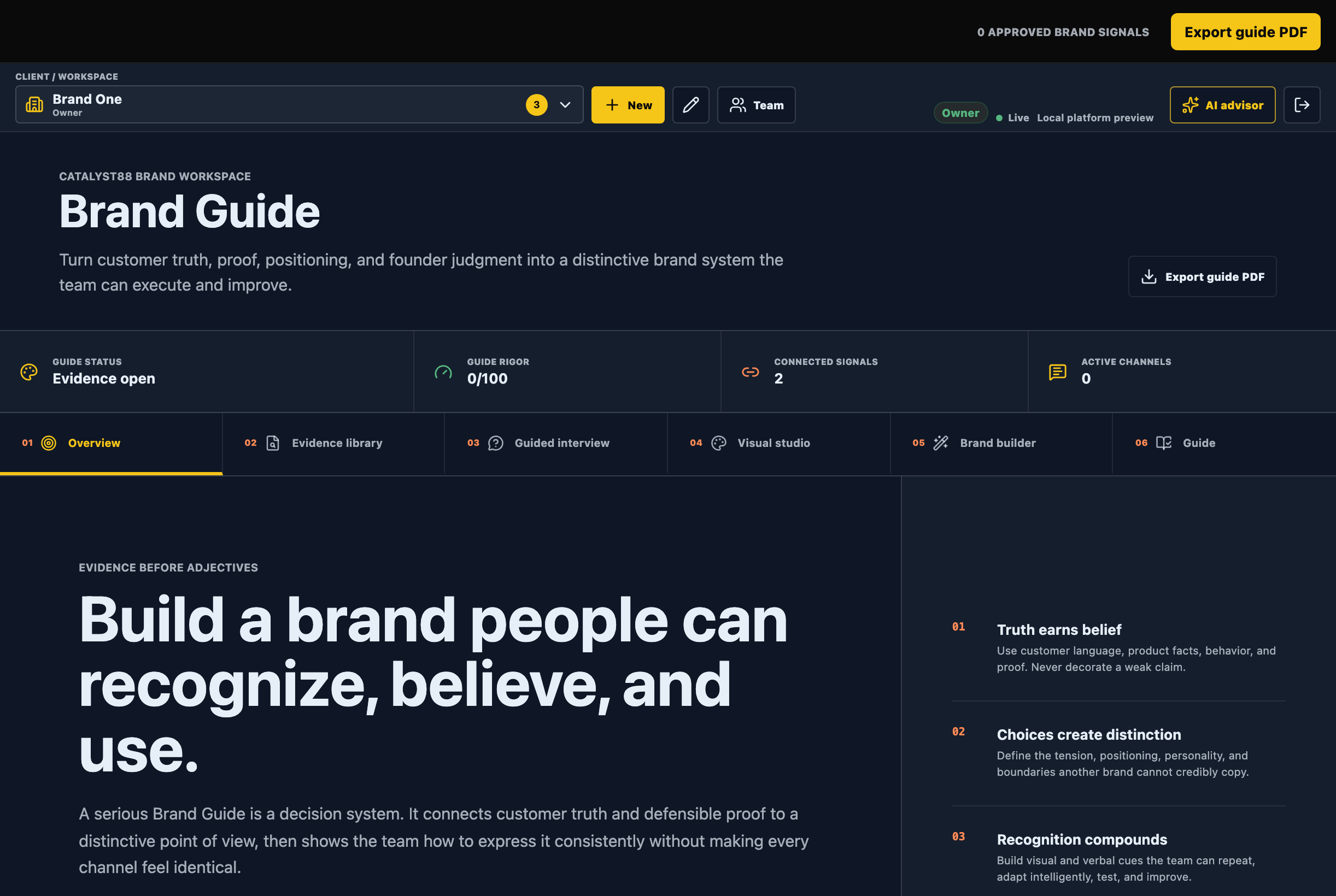Brand Guide builder for voice, messaging, and visual direction