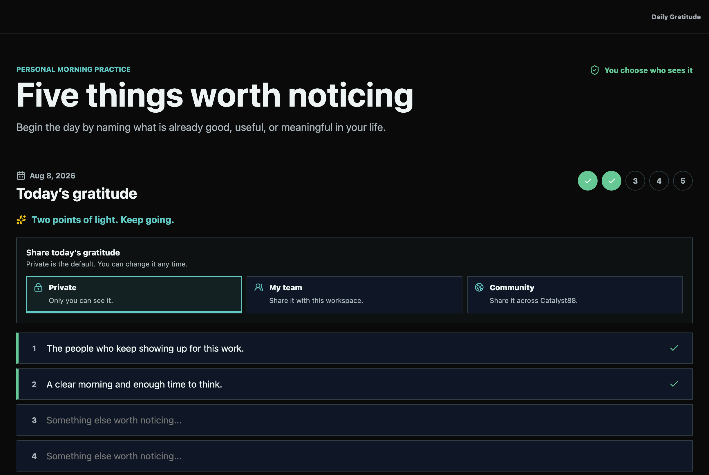 Daily Gratitude morning practice with five entry slots, streak, and share controls