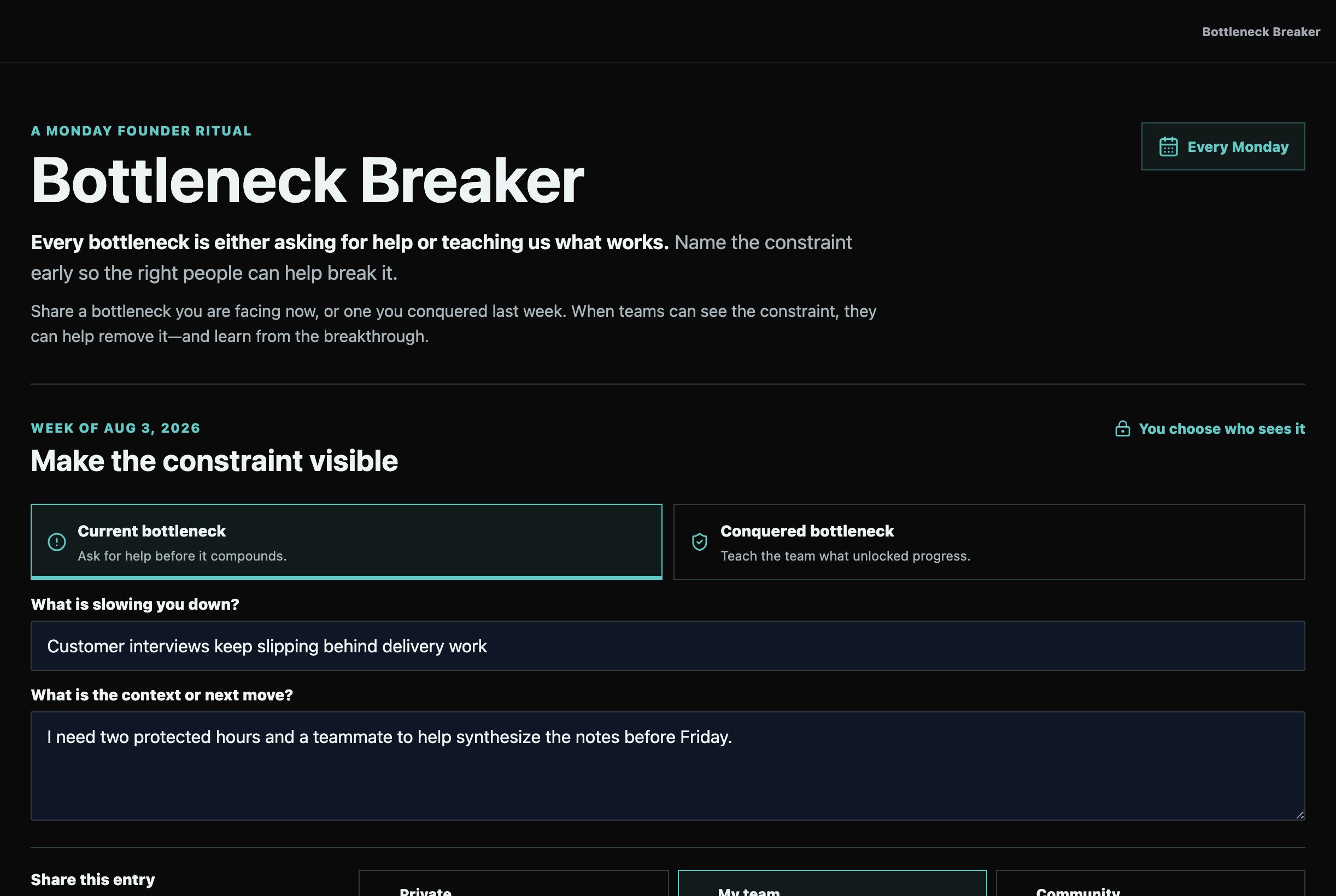 Bottleneck Breaker Monday practice with current and conquered constraints