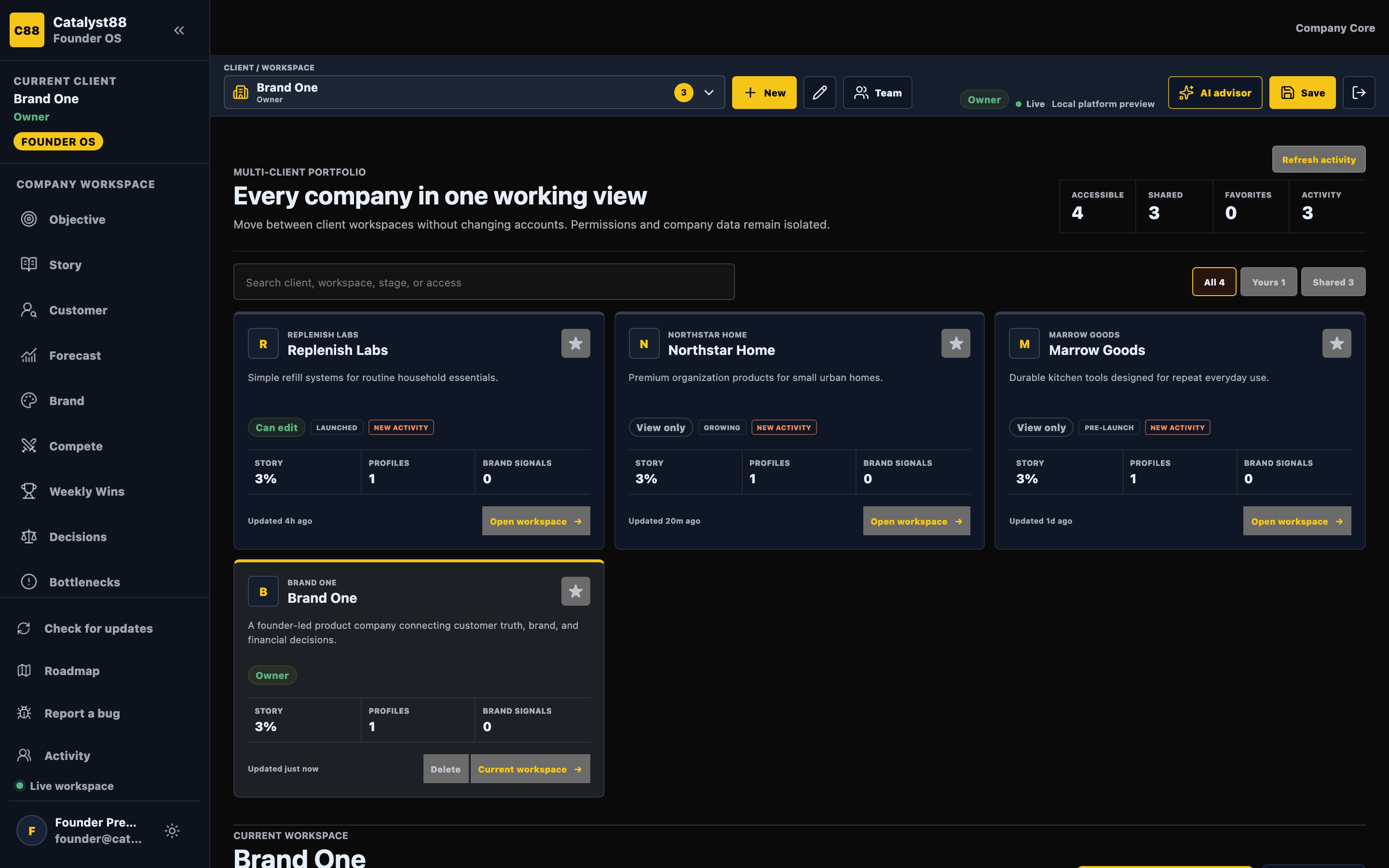 Catalyst88 multi-client portfolio and company workspace shell