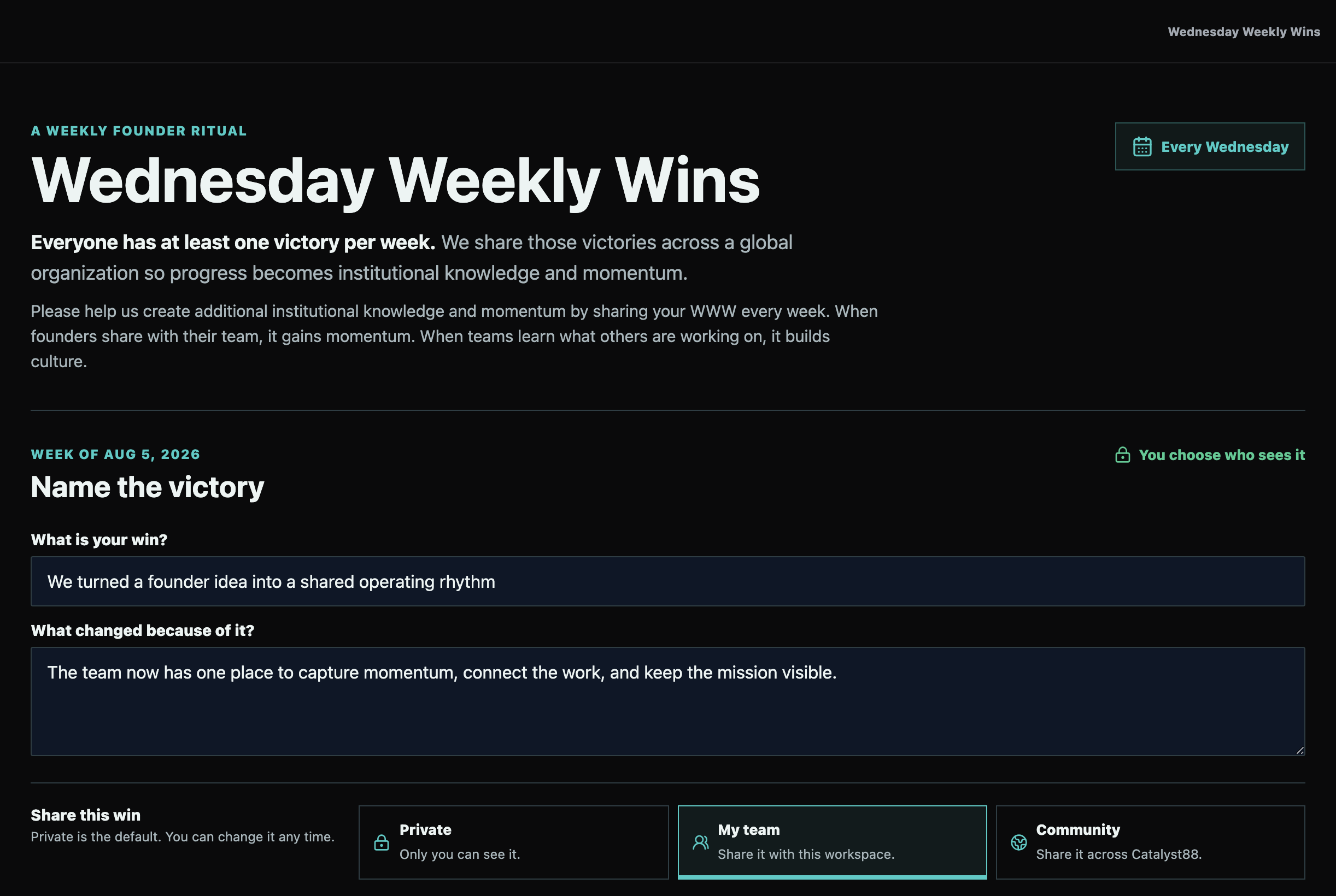 Wednesday Weekly Wins capture form, team momentum stats, and community wins